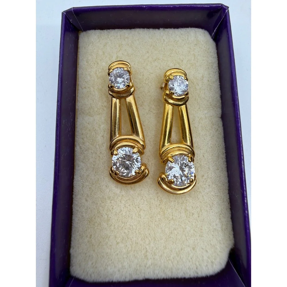 Kings Jewelry Gold Tone Cubic Zirconia CZ Drop Dangle Earrings Vintage Boxed